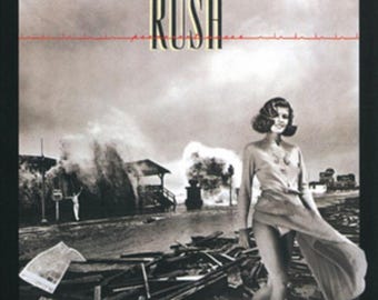 May include: Album cover featuring the band name "RUSH" in a bold, serif font above a black and white image. A woman in a flowing dress stands near debris with a stormy ocean backdrop. A red line runs horizontally across the top.