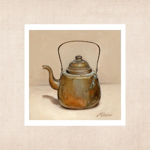 May include: An oil painting of a copper kettle with a curved spout and a handle. The kettle has a rounded body and a domed lid. The painting is signed "Alder" in the lower right corner.