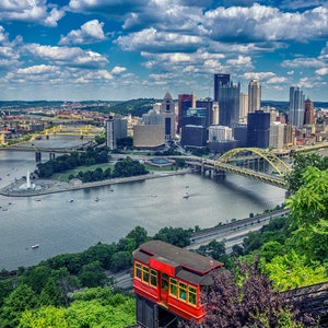 Pittsburgh Skyline- Duquesne Incline- Mount Washington- Trolley Car- Skyline- Bridges- Landscape- Pittsburgh Gifts- Modern- Photography- Art
