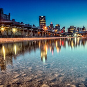 Pittsburgh Skyline- The Strip District- Landscape- Cityscape- HDR Photo- Blue- Red- Puddle- Modern Wall Art- Fine Art- Pittsburgh Gifts