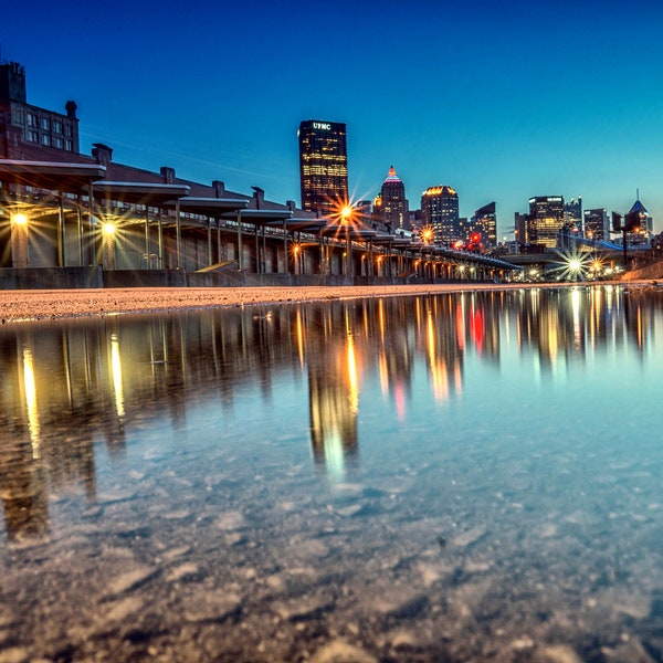 Pittsburgh Skyline- The Strip District- Landscape- Cityscape- HDR Photo- Blue- Red- Puddle- Modern Wall Art- Fine Art- Pittsburgh Gifts