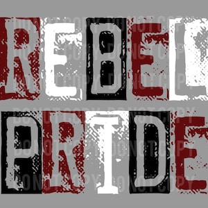 Może przedstawiać: Zniekształcony projekt graficzny z napisem "Rebel Pride" w kolorze czarnym, białym i bordowym. Litery są w blokowym kroju pisma i mają szorstki, fakturowany wygląd.