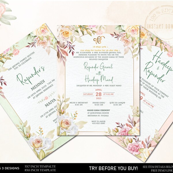 Sikh wedding card template, Anand Karaj Invitation,Sikh wedding invitation,Punjabi wedding digital invite,Indian wedding cards,Wedding Cards