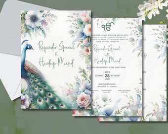 Sikh wedding invite, Self Edit Template, Punjabi Wedding, Hindu Wedding, Peacock Theme wedding card