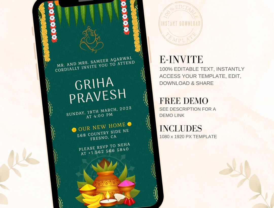 Griha Pravesh Invite, Indian Housewarming Invitation, Indian New Home