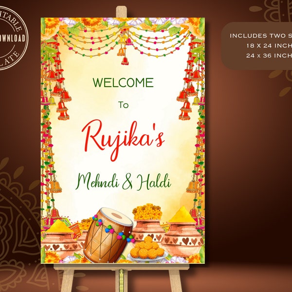Haldi Welcome Sign Template, Mehndi Wedding sign, Hindu Welcome signage, Sangeet poster, haldi ceremony, Mehndi welcome sign