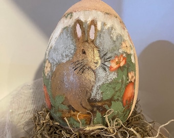 Peach Bunny Decoupage Egg With Decorative Birdnest