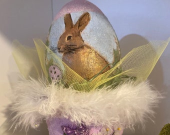Purple Bunny Decoupage Egg in Green Nest Pot
