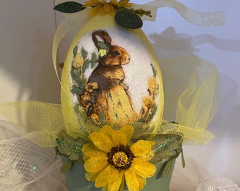 Yellow Dress Bunny Decoupage Egg with Pot