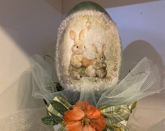 Mint Green Bunny Rabbits Decoupage Egg in Potted Nest