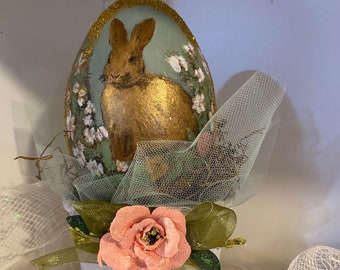 Green Floral Bunny Decoupage Egg with Decorative Pot