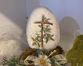 White Dove And Cross Bird Decoupage Egg with Birdnest