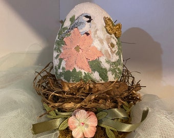 White Decorative Decoupage Bird Egg and Nest