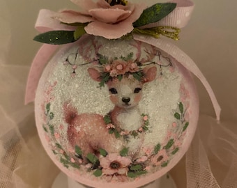 Vintage Pink Reindeer In Floral Pale Flowers Paper Mache Decoupage Ornament