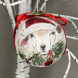 Snowy Christmas Lamb Paper Mache Decoupage Painted Ornament
