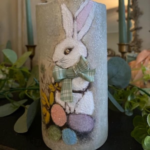 White Bunny With Easter Eggs Flameless Pillar Candle
