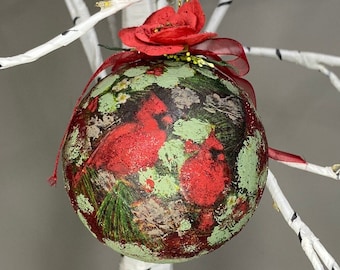 Decoupage Red Birds Christmas Ornament