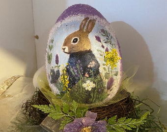 Purple Decoupage Egg with Bunny in Floral Background with Decorative Birdnest