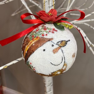 Festive Snowman Paper Mache Decoupage Ornament