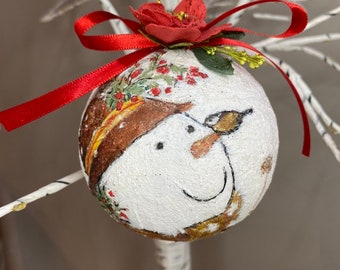 Festive Snowman Paper Mache Decoupage Ornament