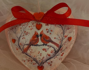 Red Birds Paper Mache Heart Decoupage Ornament