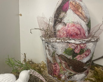 Gorgeous Home Accent: Decoupage Peat Pot and Egg with Pink Roses and Glitter Accents