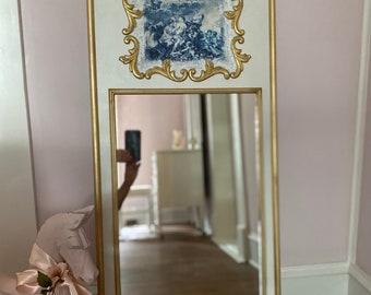 Antique-Inspired Trumeau Mirror | Crown Molding and Gold Medallion | Vintage Print and Glitter Accents | 20” x 48”