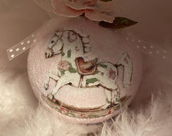 Pale Pink Rocking Horse With Pink Roses Paper Mache Decoupage Ornament