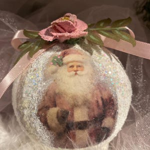 Pale Pink With White Santa In White Wonderland  Paper Mache Decoupage Ornament