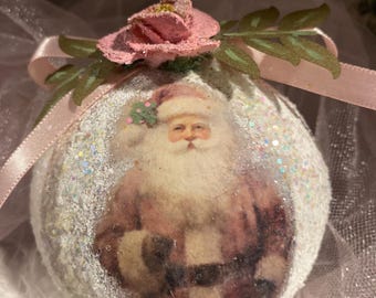 Pale Pink With White Santa In White Wonderland  Paper Mache Decoupage Ornament