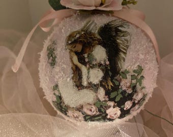 Pale Pink Angel Flower Girl Praying Paper Mache Decoupage Ornament