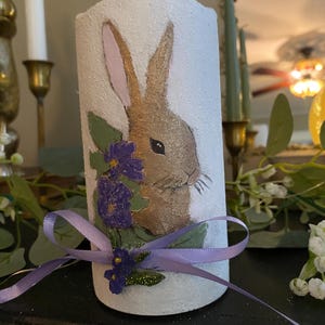 Bunny With Purple Flowers Flameless Pillar Candle