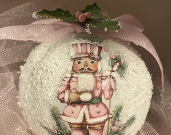 Pink And White Nutcracker Paper Mache Decoupage Ornament