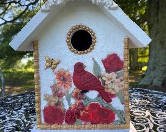 Spring Redbird (Cardinal) Floral Rose Birdhouse