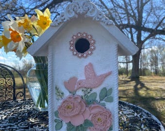 Pinkish Peach Birdhouse With Hummingbird And Magnolia Blooms