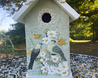 Green Painted Birdhouse -Birds and Butterflies Floral Background and Pebble Design Roof - Indoor/Outdoor Use