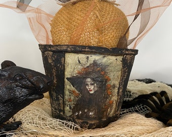 Spooky Scenic Witch Decoupage Peat Pot with Burlap Pumpkin - Halloween Home Decor