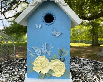 Bluebird Feather Butterflies and Rose Birdhouse - Textured Roof