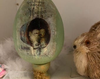 Painted Decoupage Greenish Mint Green Egg With Matching Painted Stand