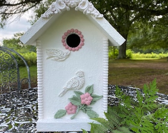 Handmade Decorative Birdhouse with Glittered Roses and Bird Design