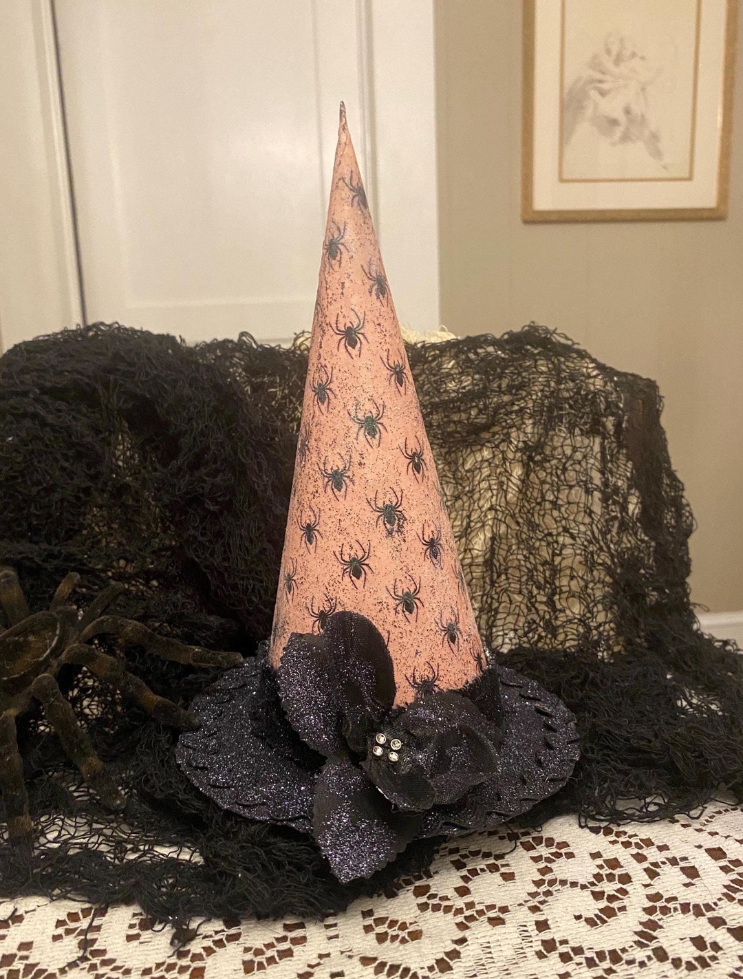 Pink and Black Spider Witches Floral Hat - Etsy display picture 3