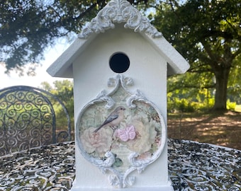 Charming Birdhouse - Pale Pink Roses Background with Bird and Butterfly - Circular Appliqués - Textured Roof - Indoor/Outdoor