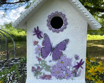 Butterfly and Dragonflies Birdhouse - Floral Background and Textured Roof - Indoor/Outdoor Use