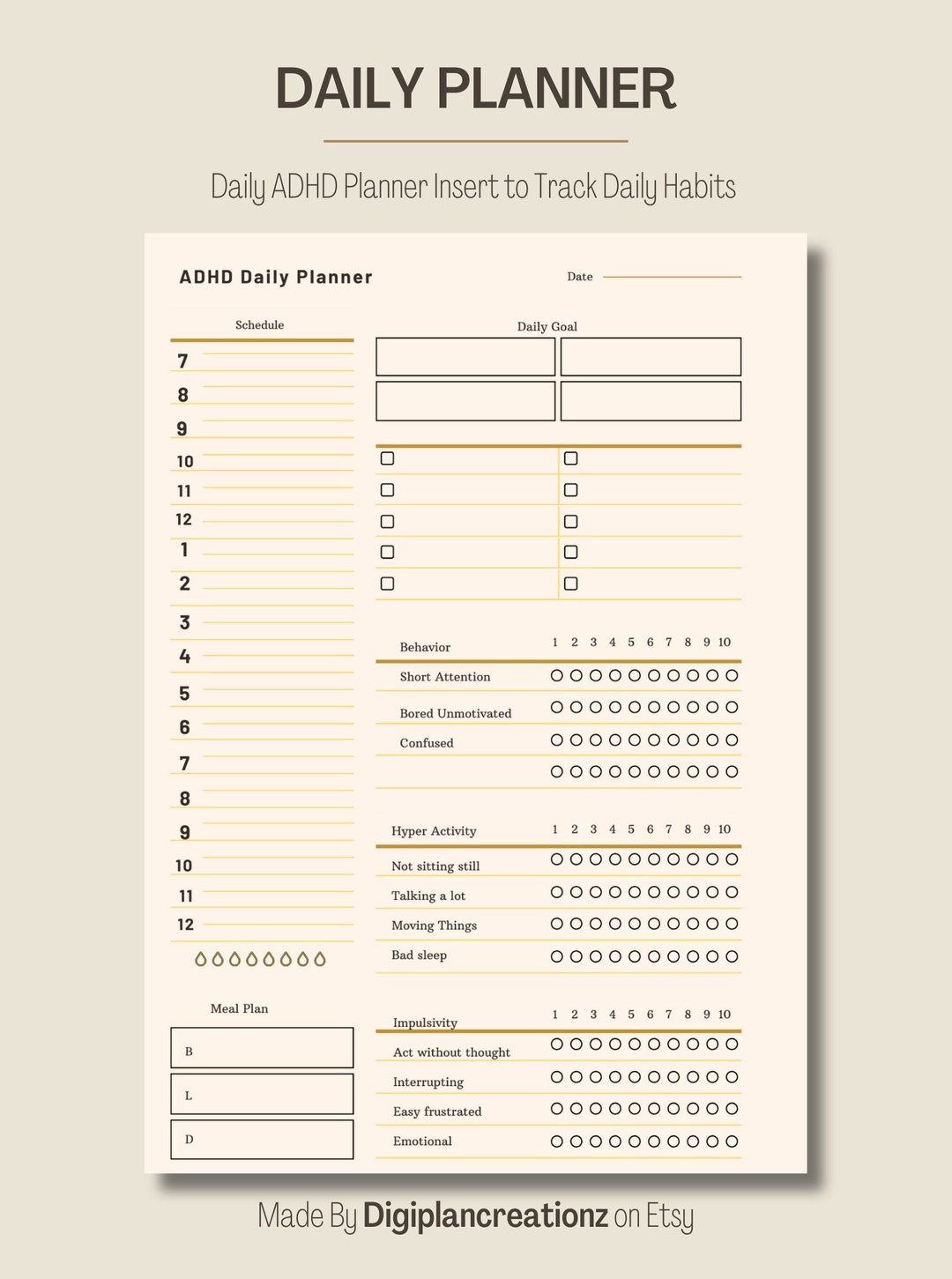 ADHD Daily Planner Insert Digital PDF Download | Undated Planners ...