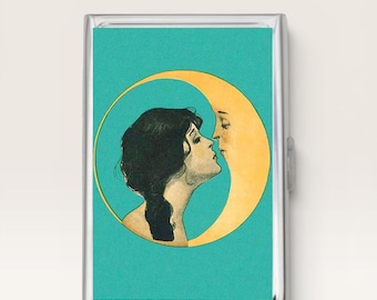 Moon Kiss Cigarette Case OR Card Holder - Business Card Holder, Custom Gifts, Luna, Crescent moon, Vintage woman, Art Nouveau, Blue Sky