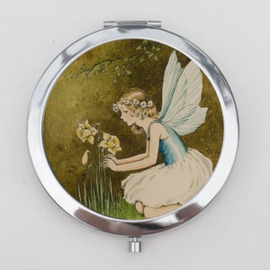 Fairy Picking Flowers Compact Mirror OR Pill Box - Fairy Wings, Flower Crown, Fairyland, Fantasy, Nursery, Small Mirror, Keepsake Box