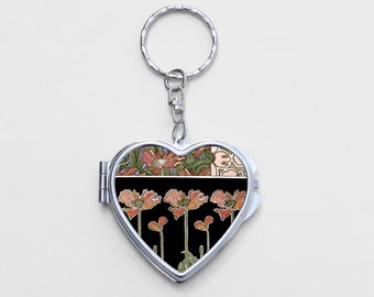 Art Nouveau Heart Shaped Mirror KeyChain - William Morris, Flower, Flower Design, Floral Birthday Gift, Small Keychain, Mirror Accessory