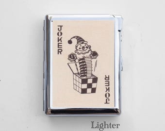 Vintage Compact Cigarette Case with Built-In Lighter – Chrome Metal, Epoxy Design on Back, Fits Up to 50mm Mini/Short Cigarettes