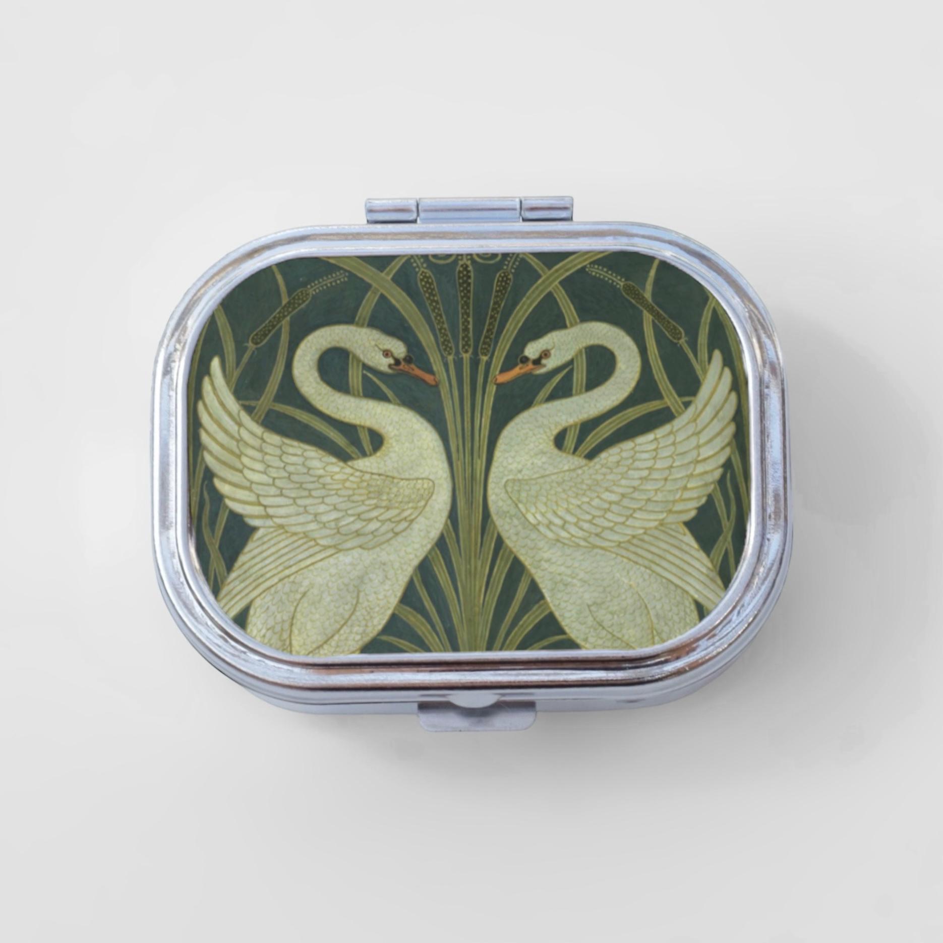 Swans Happy Rectangle Pill Box - Art Nouveau, Swan Art, Jewelry Case, Travel Size, Pill Case, Pill Container, Cute Pill Organizer