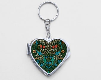 The Garden Heart Shaped Mirror KeyChain - William Morris, Art Nouveau, Flower Design, Floral Birthday Gift, Small Keychain, Mirror Accessory